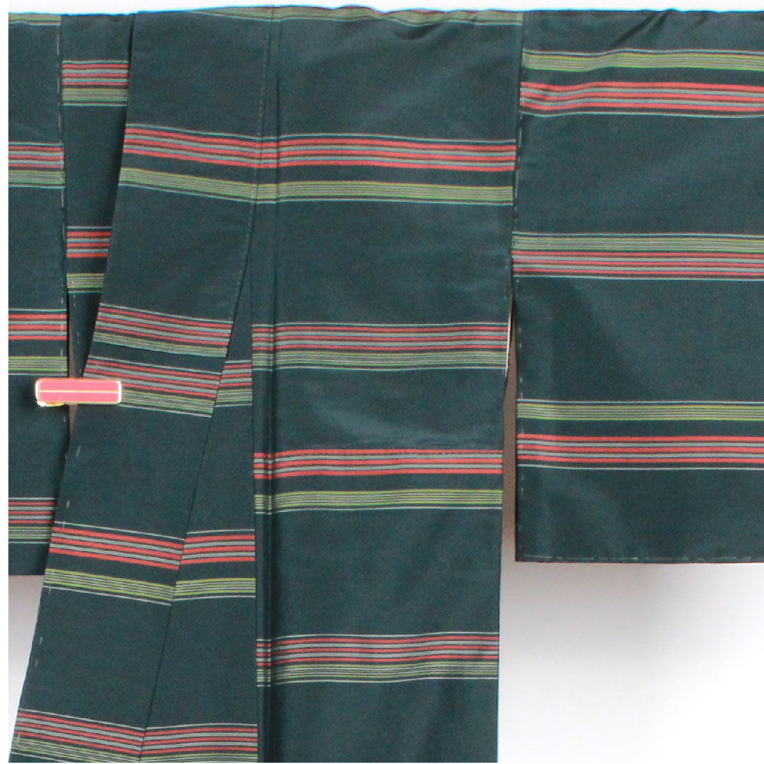大島紬 身丈149.5cm 裄丈64cm 百入茶色 横縞模様 正絹 Sランク 袷 緑系 1116001662119
