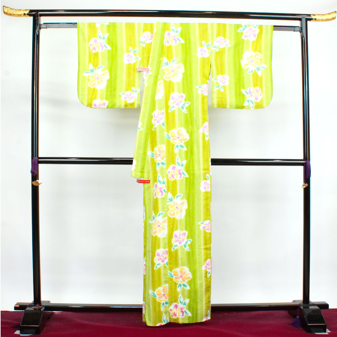 浴衣 抽象花 木綿 Sランク 単衣 身丈161cm 裄丈67.5cm 緑系 1118003862419