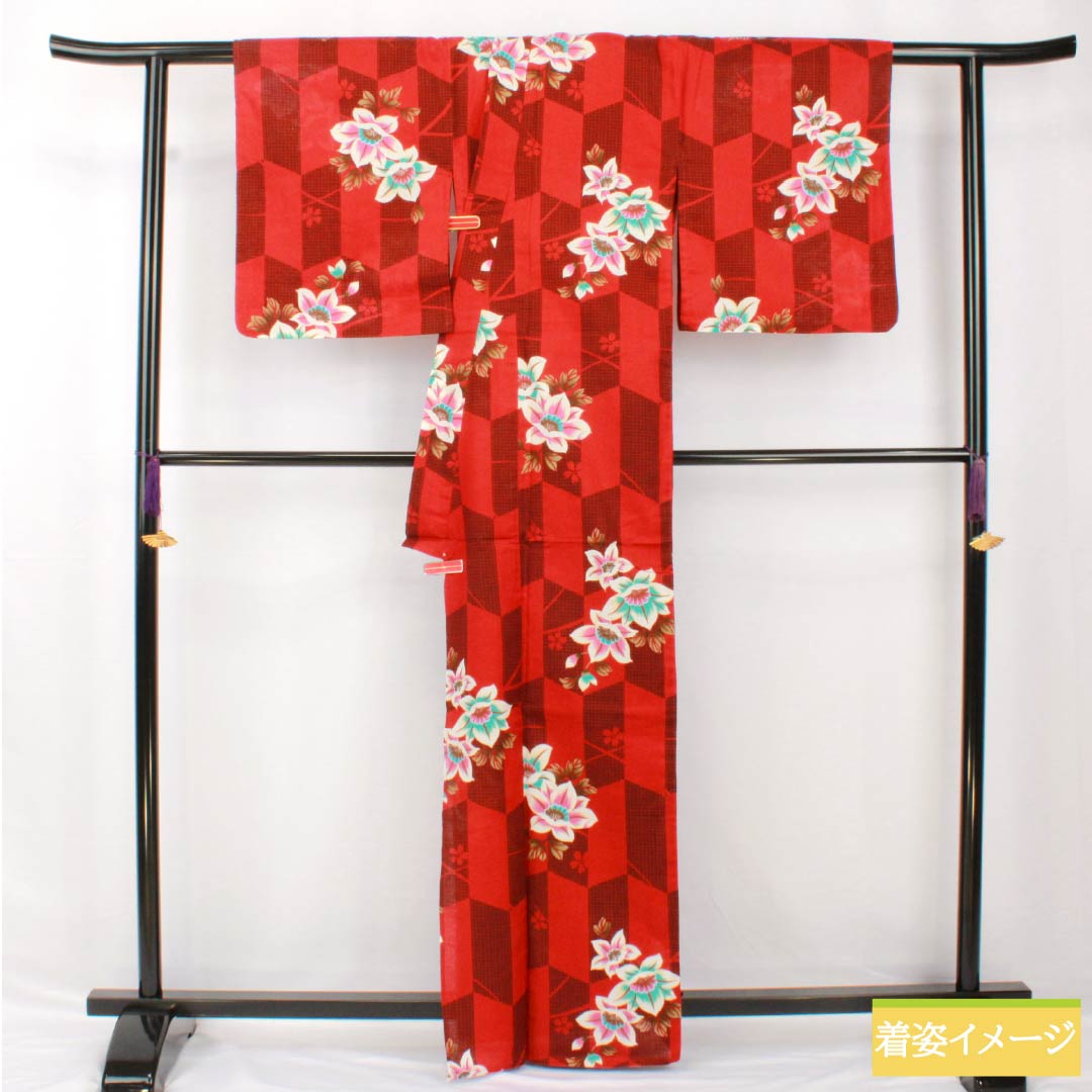 浴衣 木綿 身丈165.5cm 裄丈67.5cm Sランク 単衣 赤系 赤紅色（あかべにいろ） 矢絣 花 1118005482512