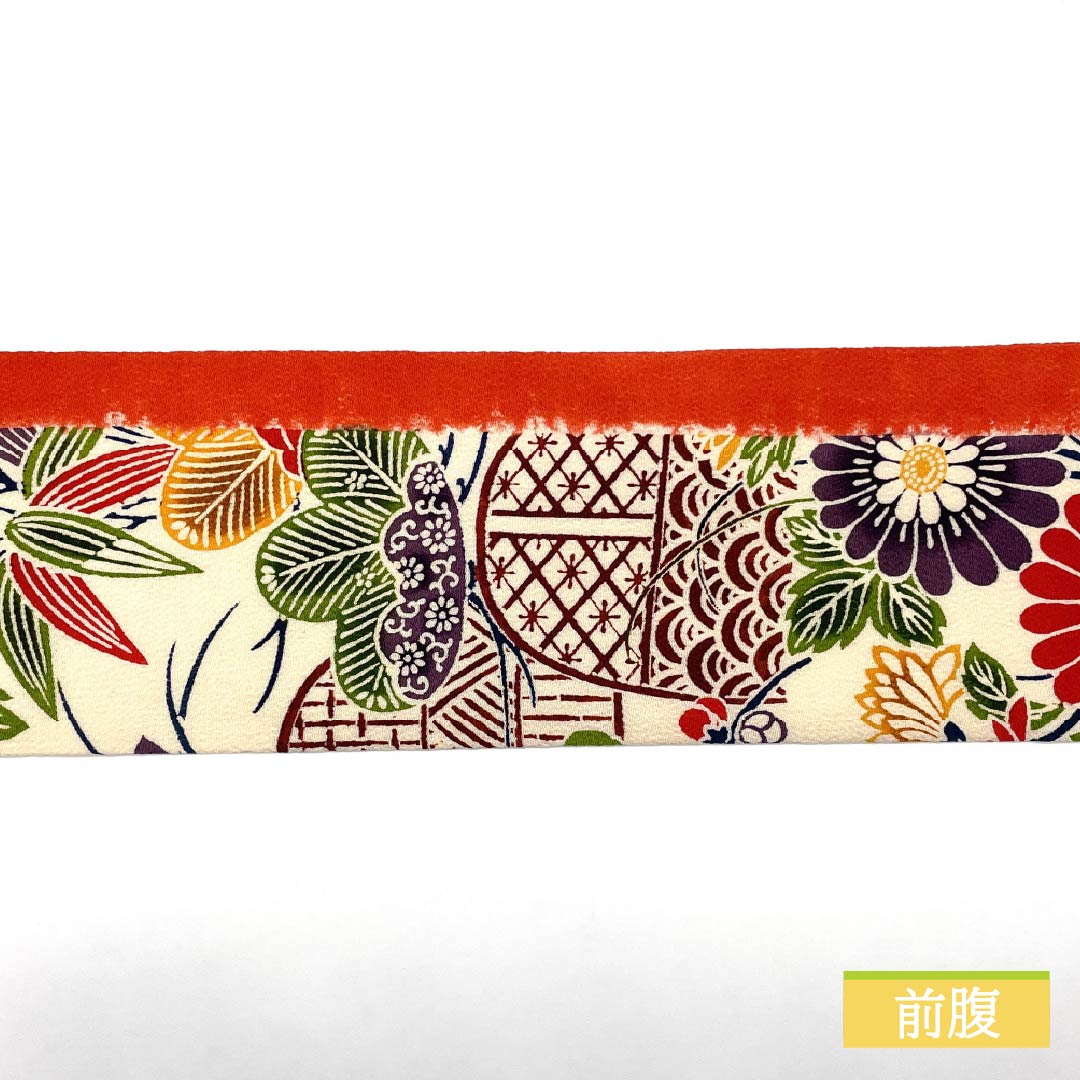 名古屋帯 京緋色（きょうひいろ） 京紅型 ちりめん地 菊 帯丈353cm 正絹 Sランク 全通 カジュアル 橙系 1124007632326 名古屋仕立て