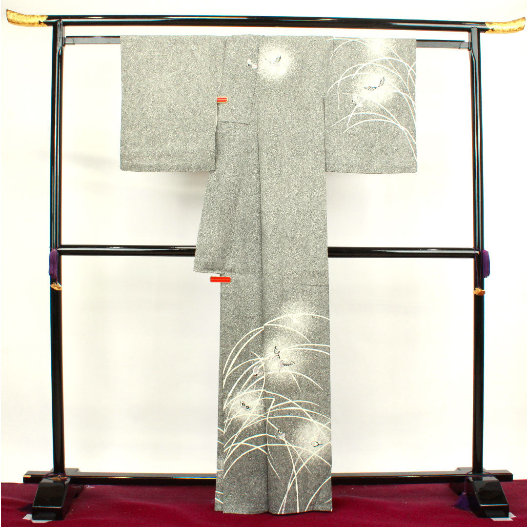 夏物 正絹 訪問着 身丈165cm 裄丈66cm モノトーン 蝶 露草 絽 Sランク グラデーション系 1132000592599