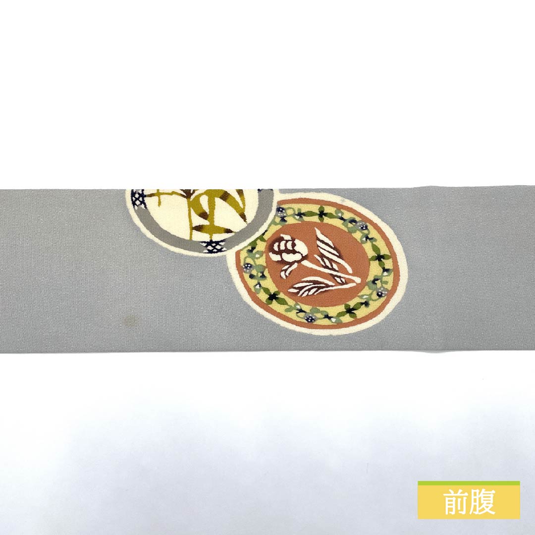 名古屋帯 薄鼠色（うすねずいろ） ちりめん地 丸に花模様 染め帯 帯丈358cm 正絹 Aランク ポイント柄 セミフォーマル グレー系 1124007163322 名古屋仕立て