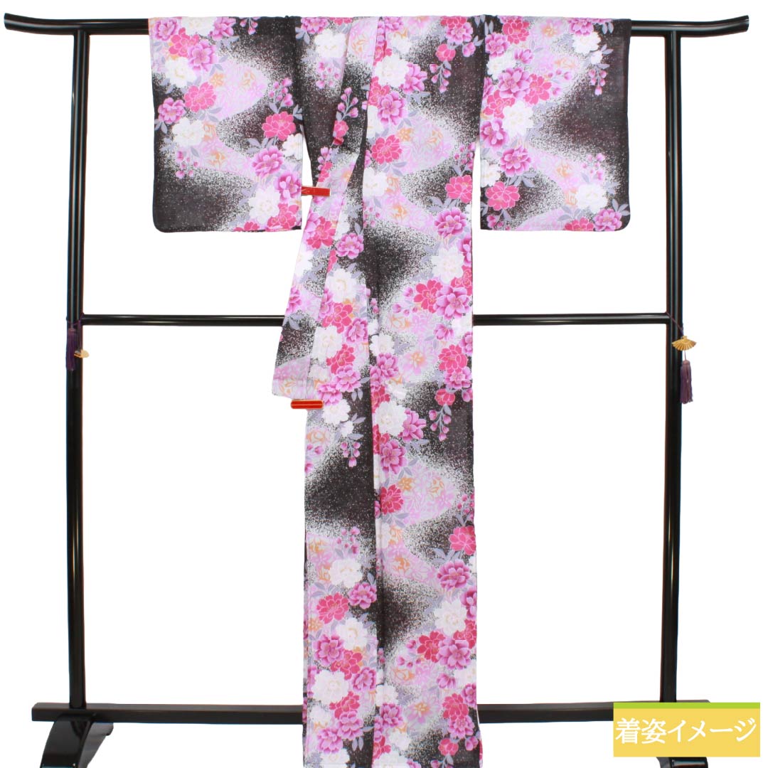 浴衣 木綿 Sランク 身丈166.5cm 裄丈65.5cm 石板色（せきばんいろ） ボカシ染 洋花 型染 単衣 グレー系 1118006872522