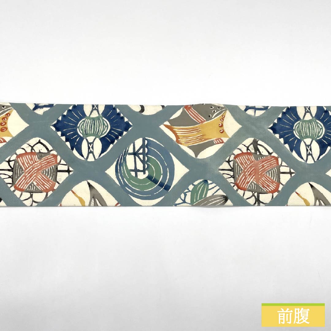 名古屋帯 正絹 Bランク 沈香茶色（とのちゃいろ） 型染 紅型調 蝶 帯丈358cm 六通 カジュアル 青系 1124010554317 名古屋仕立て