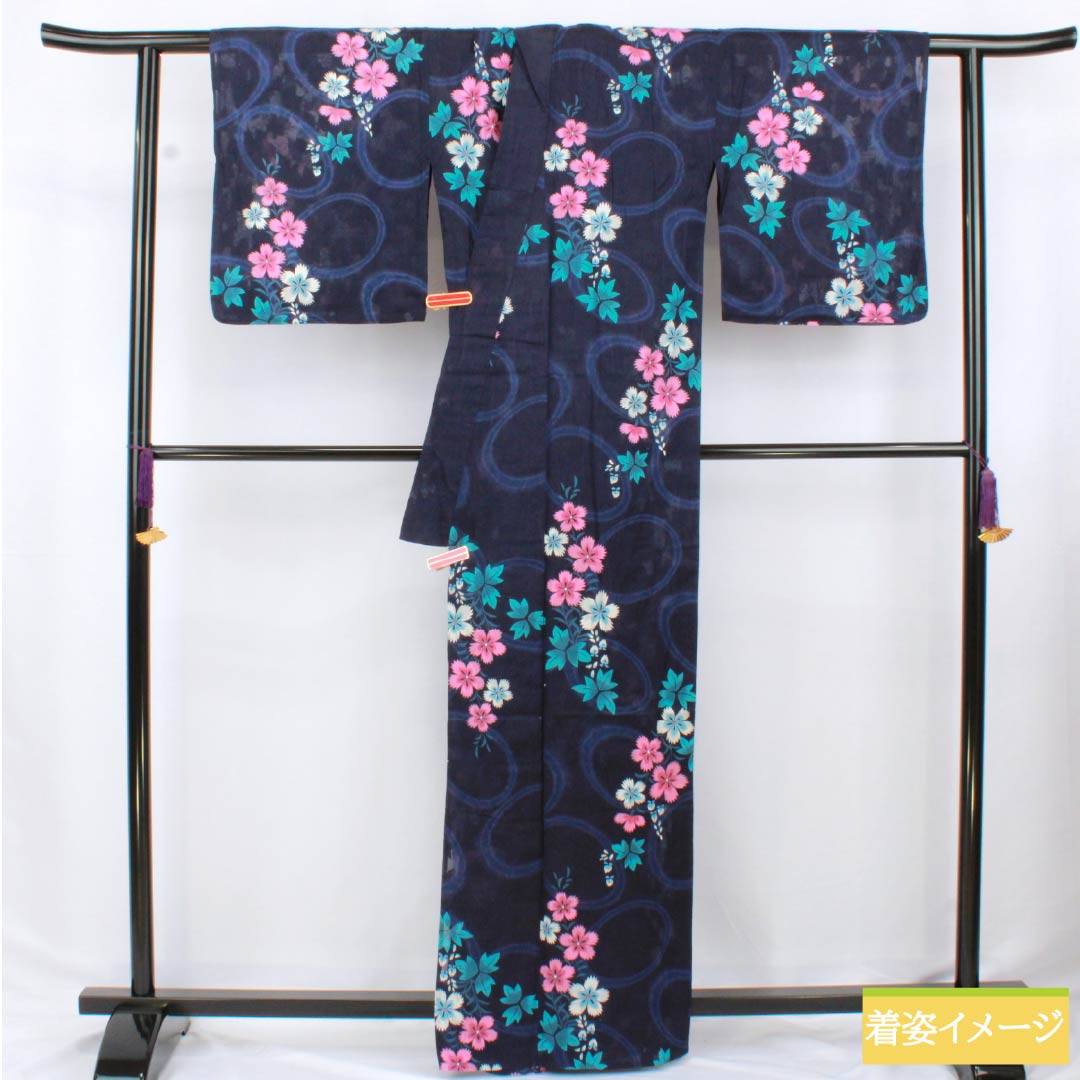 Yukata (Cotton) Length: 162cm, Sleeve Length: 69cm, S Rank, Gauze, Navy Blue, Brown (Kachiiro), Pink, 1118006402418