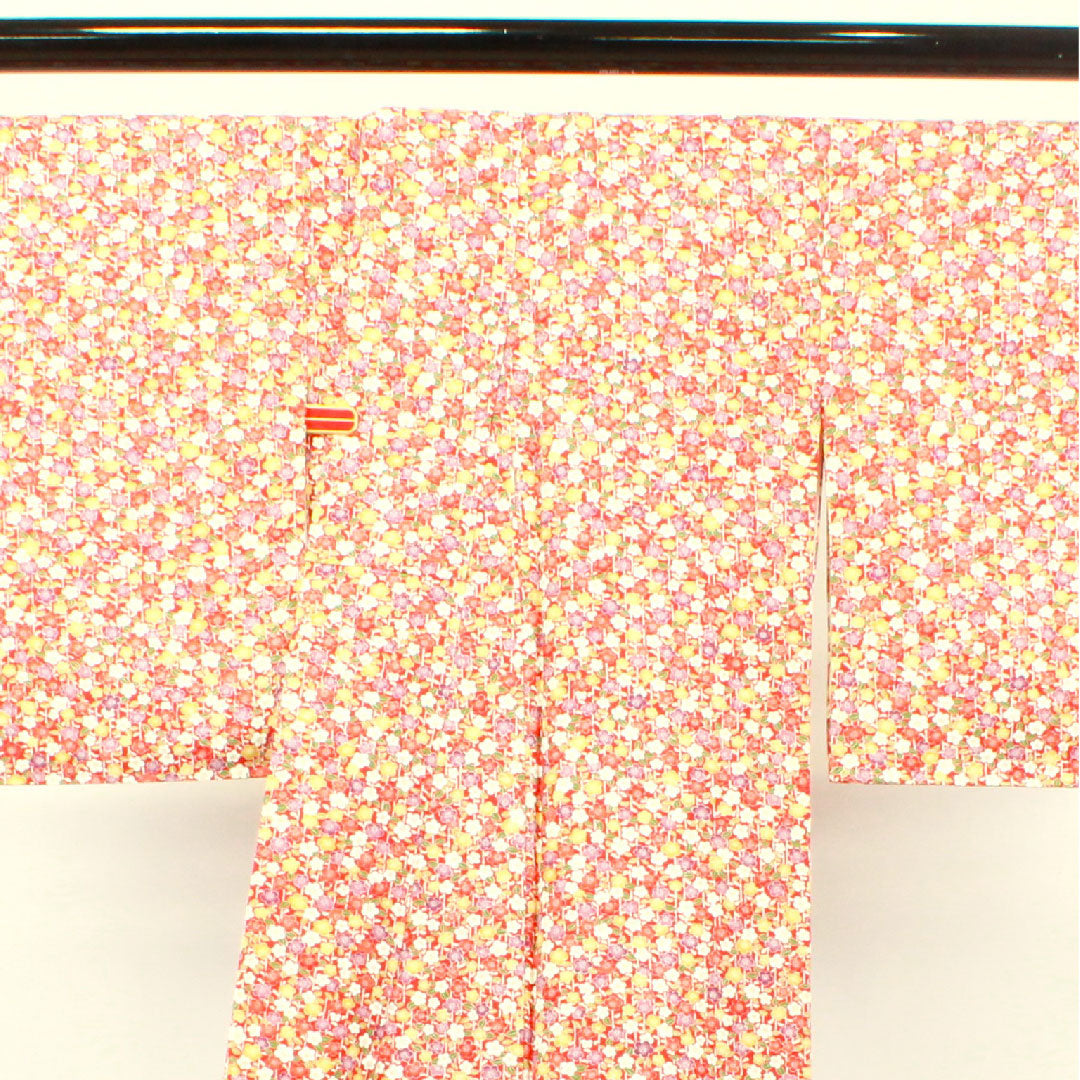 小紋 身丈152cm 裄丈61.5cm 袷  猩々緋色 梅 紬地  正絹 Sランク 赤系 1115002992212