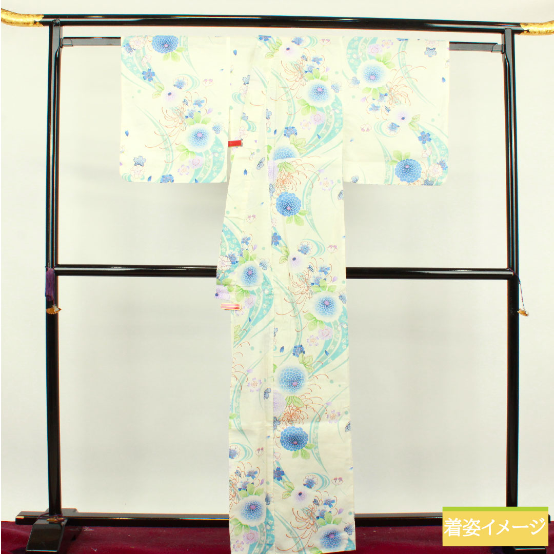 Yukata Cotton Length 164cm Sleeve length 66cm S rank Single layer White Cherry blossom Chrysanthemum 1118004672411