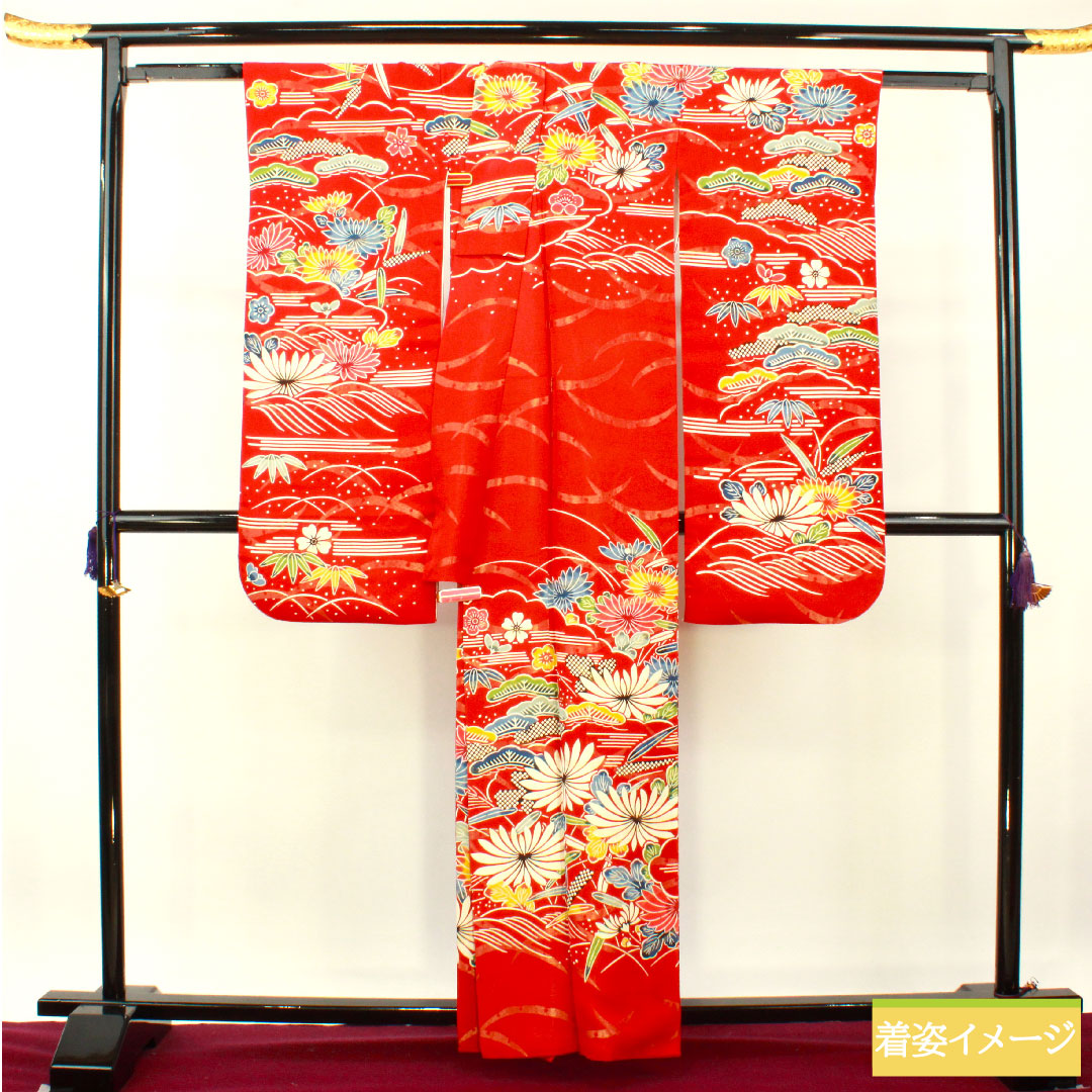 振袖 正絹 身丈160cm 裄丈62.5cm 袷 土耳古赤色（とるこあかいろ） 金通し 露芝 草花模様 Aランク 赤系 1113002043412