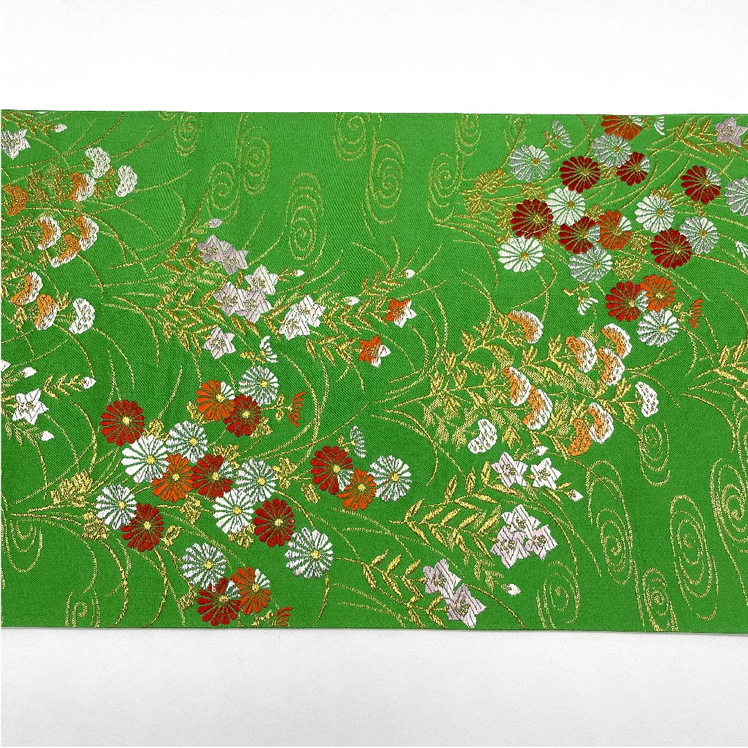 袋帯 薄青色（うすあおいろ） 観世流水 桔梗 菊 松 帯丈432cm 正絹 Sランク 六通 フォーマル 緑系 1123007012319