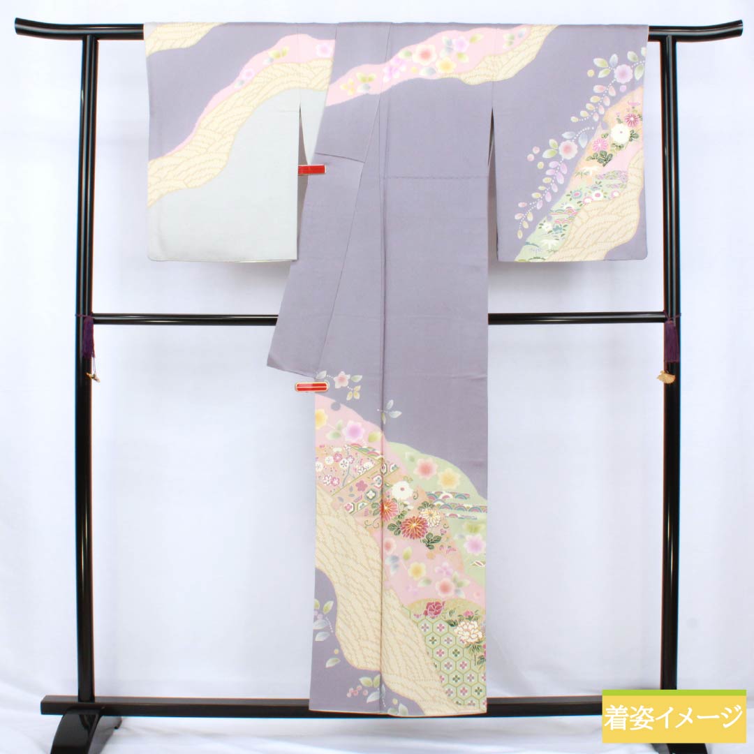 訪問着 正絹 Sランク 袷 身丈155cm 裄丈66cm 薄鼠色（うすねずいろ） 貴族鼠色（きぞくねずいろ） 京友禅 草花 グレー系 1112006312322