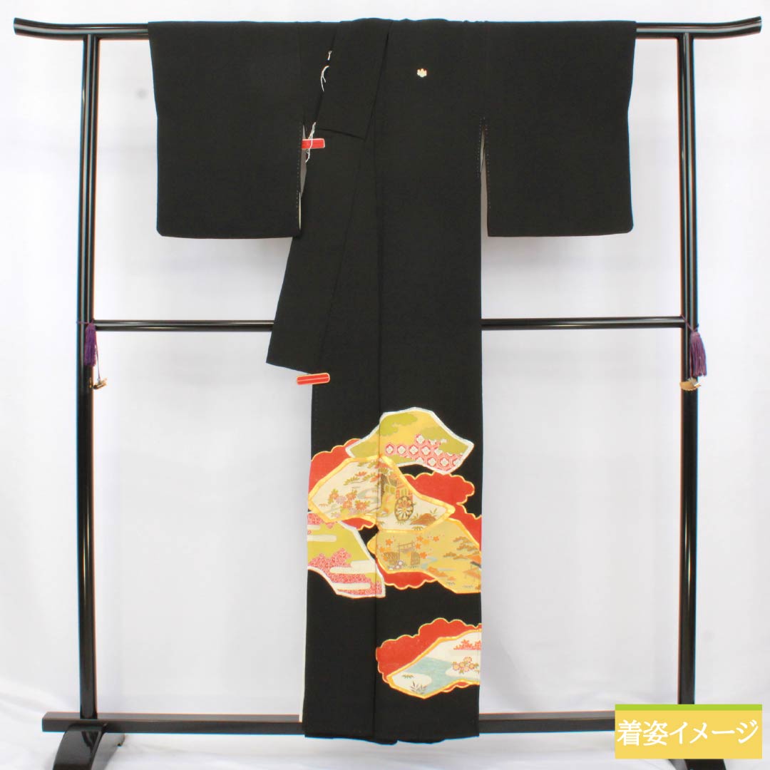 黒留袖 正絹 Aランク 身丈155.5cm 裄丈63cm 袷 京友禅 五つ紋 五三桐 吉祥文様 御所車 茶屋辻 五つ紋 黒系 1111001943310