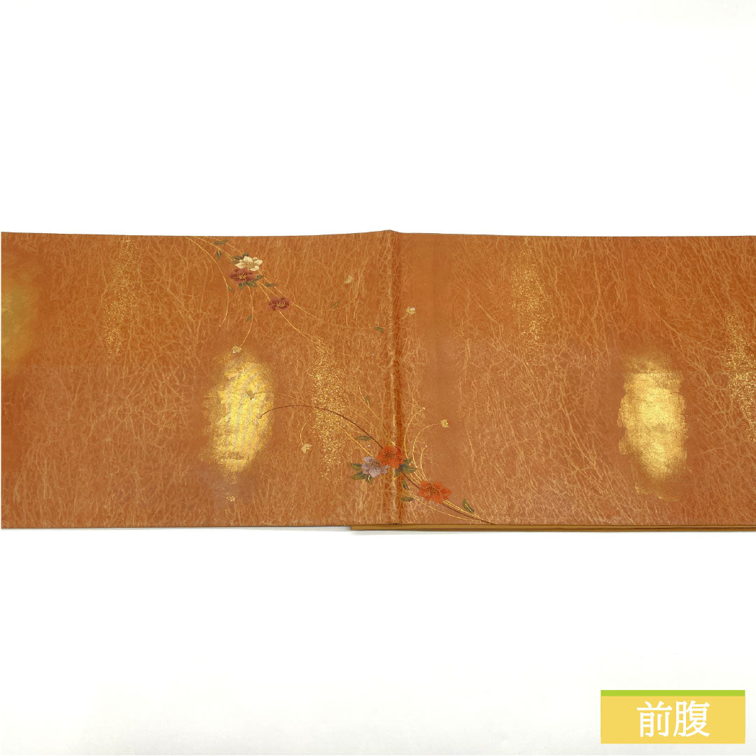 袋帯 正絹 Sランク 団十郎茶色（だんじゅうろうちゃいろ） 引箔 草花模様 帯丈442cm ポイント柄 セミフォーマル 茶系 1123016192314