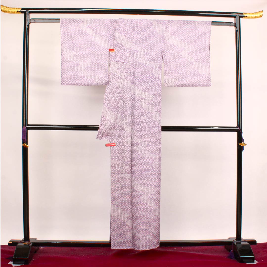 Summer polyester komon, length 157cm, sleeve length 62.5cm, half-color (hashitairo), Seigaiha, silk, S rank, purple, 1132000282320