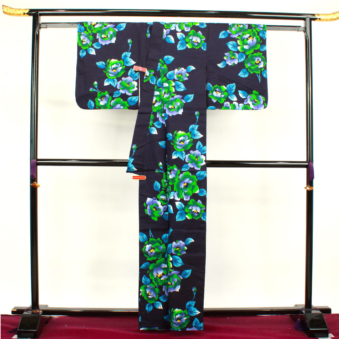浴衣 濃紺色 山茶花 木綿 Sランク 単衣 身丈162cm 裄丈65.5cm 紺系 1118002582418