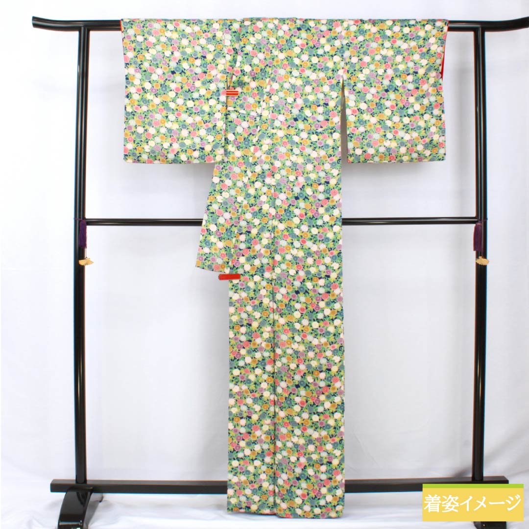 小紋 正絹 身丈163cm 裄丈65cm 袷 紺瑠璃色（こんるりいろ） 小菊 高島屋 Aランク 紺系 1115005733418