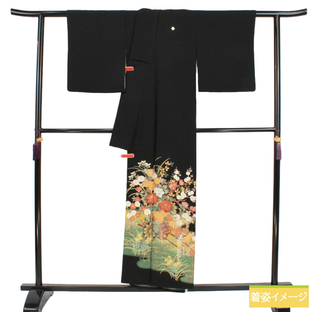 黒留袖 正絹 Aランク 身丈152cm 裄丈62.5cm 袷 京友禅 花車 吉祥文様 五つ紋 角立四ツ目 比翼付き 五つ紋 黒系 1111002333210