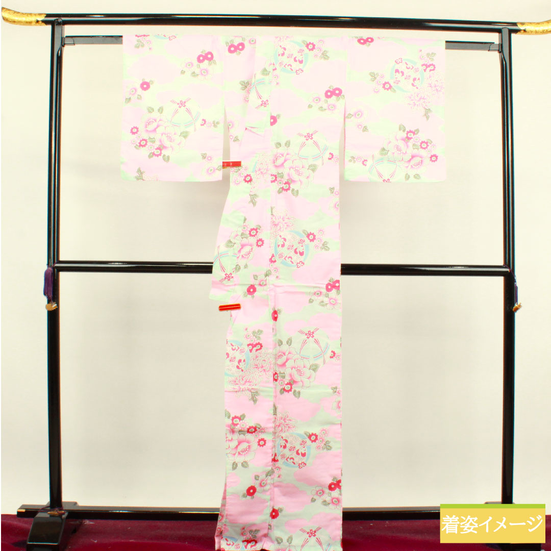 浴衣 木綿 身丈167cm 裄丈64cm Sランク 単衣 緑系 白緑色（びゃくろくいろ） 菊 鞠 雲取り 1118004662519