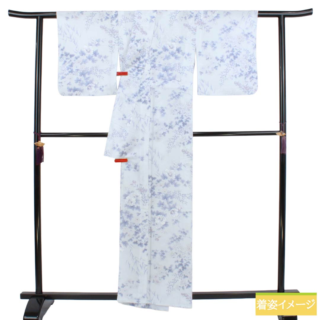 小紋 ポリエステル Sランク 身丈159cm 裄丈63cm 単衣 洗える着物 草花模様 居敷当て付き 水色系 1115008082324