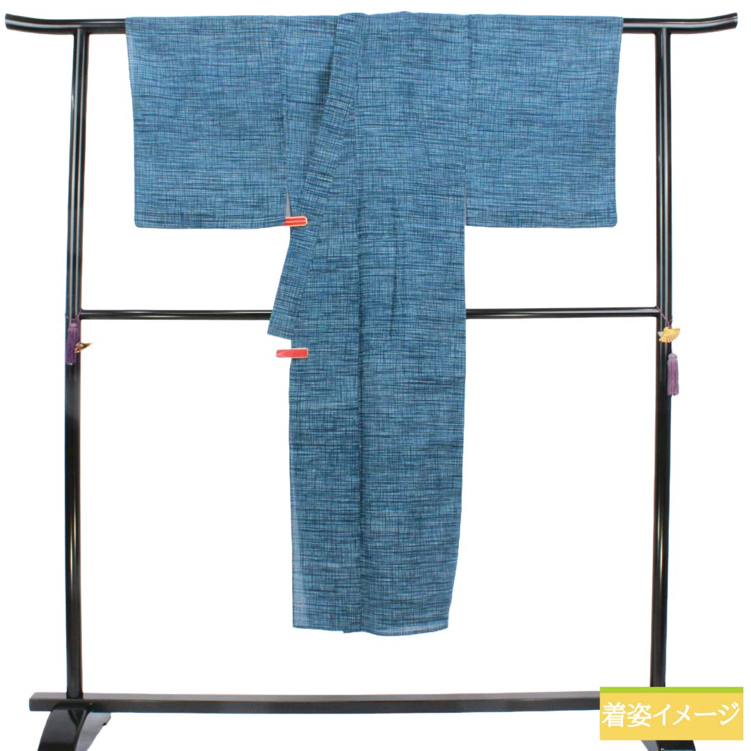 メンズ浴衣 木綿 Sランク 身丈138cm 裄丈68cm 裏色（うらいろ） 格子 単衣 青系 1138001072317