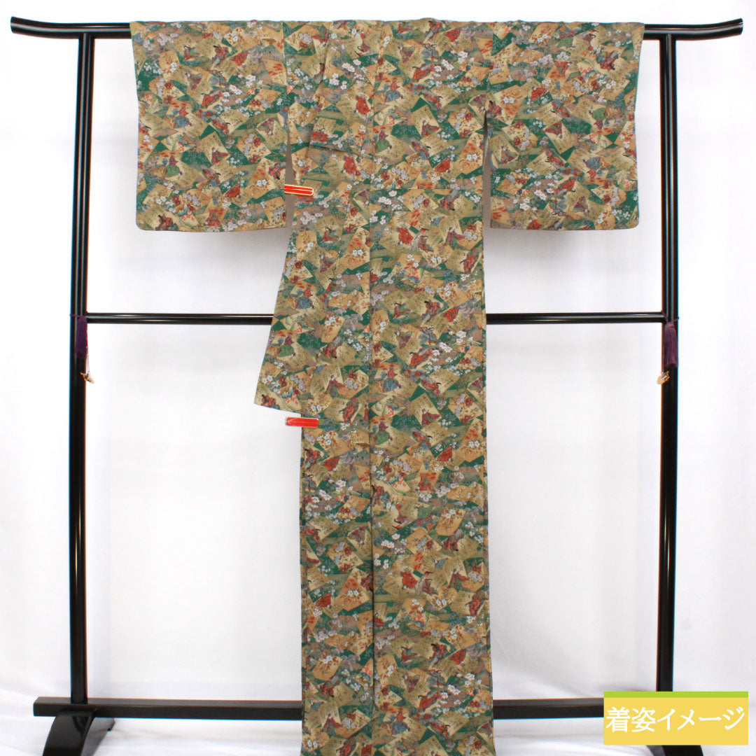 小紋 正絹 Sランク 身丈166cm 裄丈66cm 袷 柚葉色（ゆばいろ） ちりめん地 百人一首 緑系 1115007652519