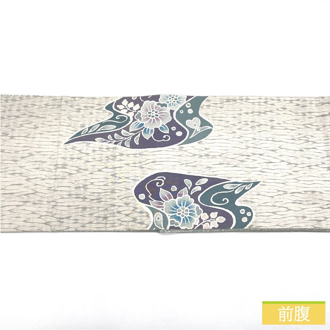 袋帯 正絹 Sランク 卯の花色（うのはないろ） 染め帯 竜巻絞り 抽象花 帯丈446cm ポイント柄 カジュアル グレー系 1123016632322