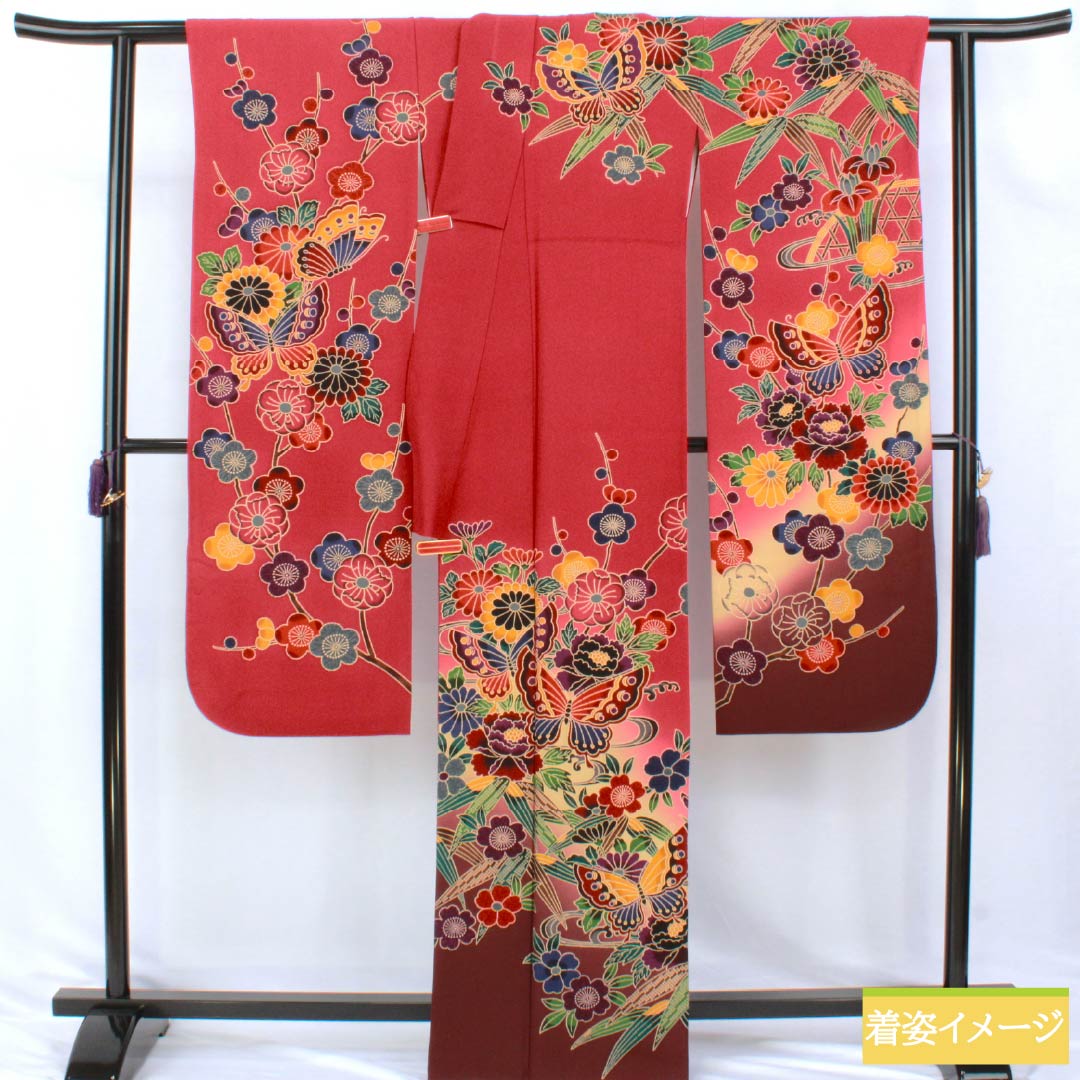 Silk Furisode, Rank A, Length 164cm, Sleeve-to-sleeve 69cm, Lined, Deep Crimson, Kyo-Yuzen, Auspicious Patterns, Red Tones, 1113002963412
