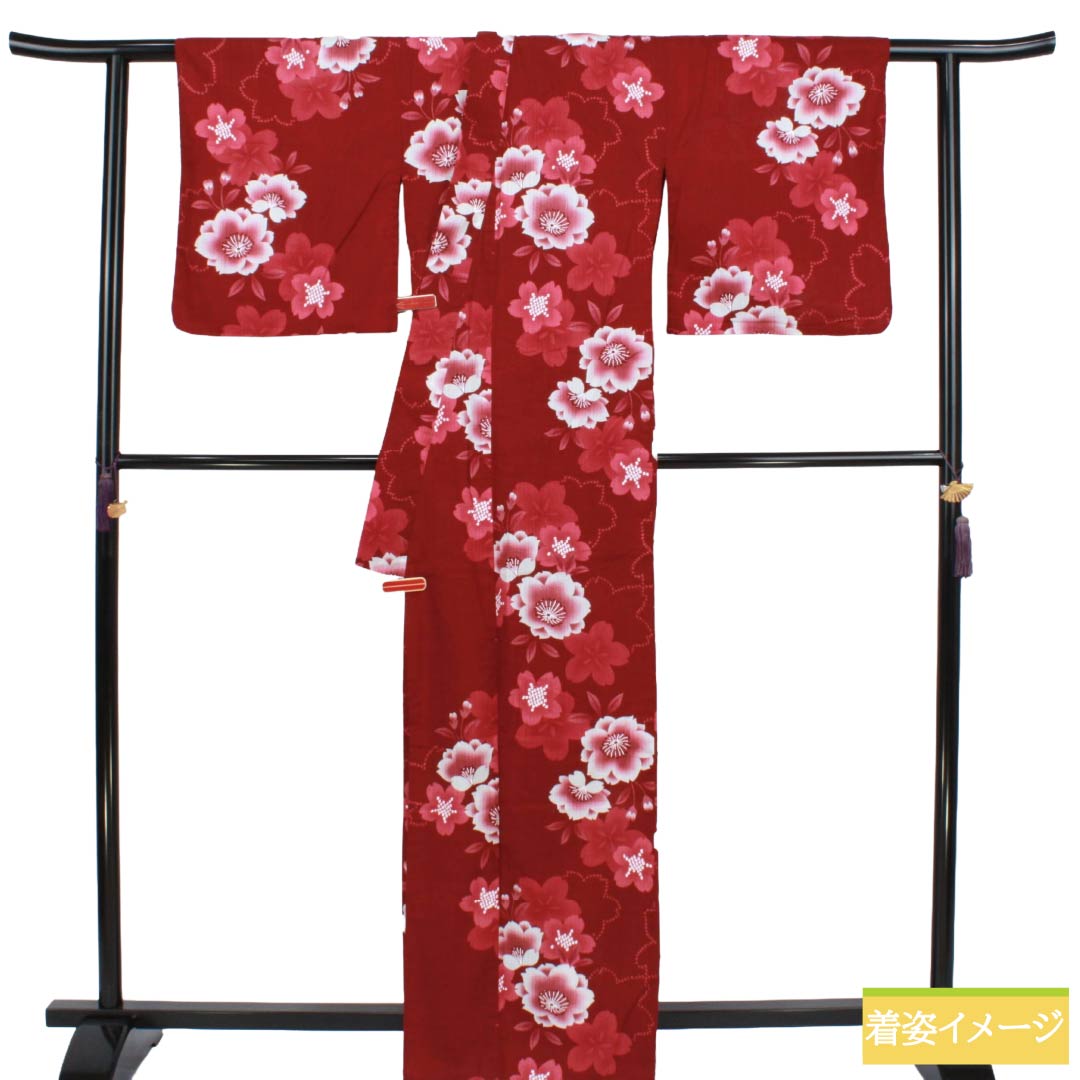浴衣 木綿 Aランク 身丈164cm 裄丈68cm 真紅色（しんくいろ） 桜 単衣 赤系 1118007463412