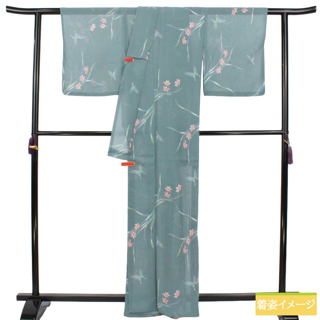 夏物 ポリエステル 小紋 Sランク 身丈164cm 裄丈66cm 浅葱鼠色（あさぎねずいろ） 洗える着物 蝶 草花模様 絽 緑系 1132005652419