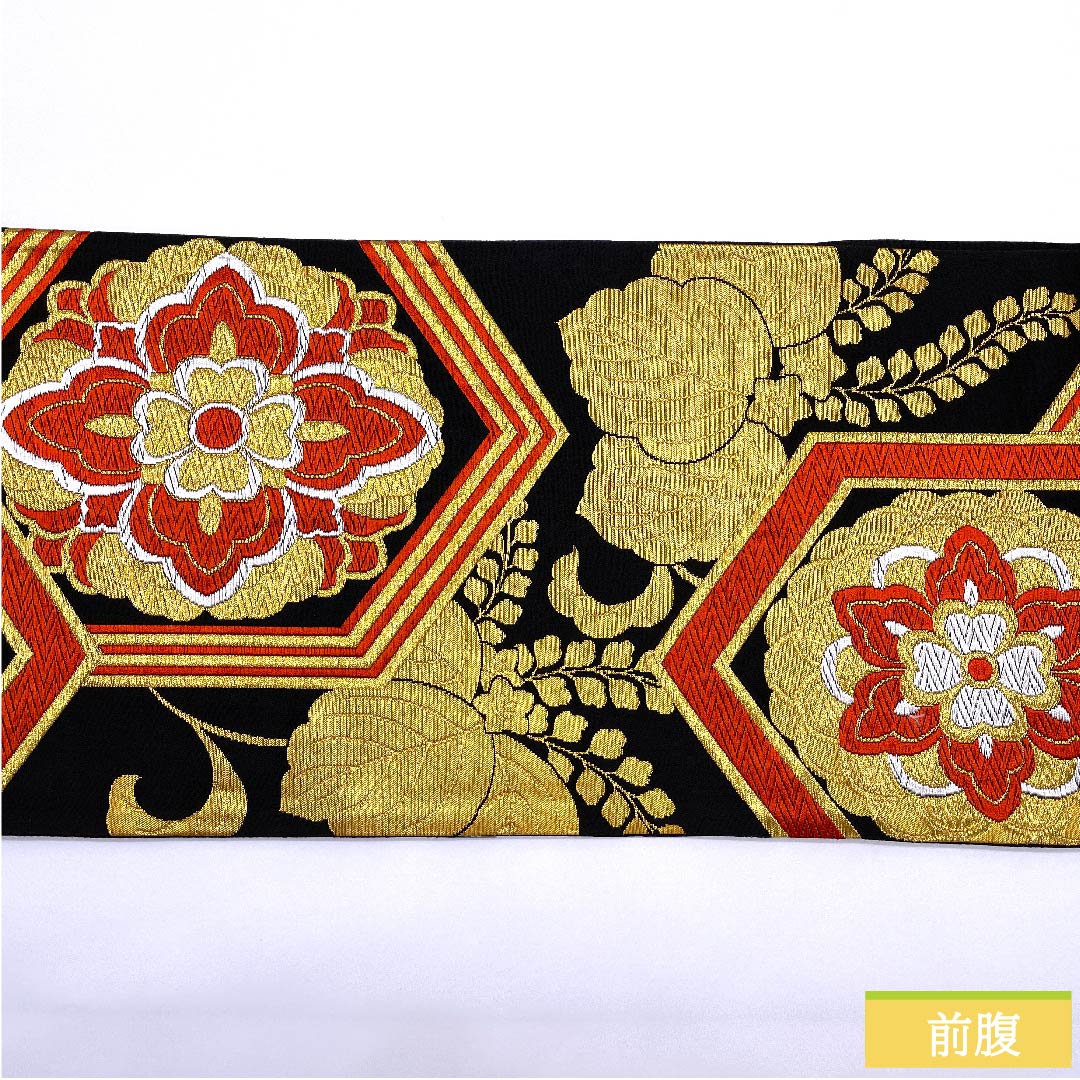 （未仕立）袋帯 黒色 亀甲 華文 桔梗 帯丈412cm 正絹 Aランク 六通 フォーマル 黒系 1123010313310