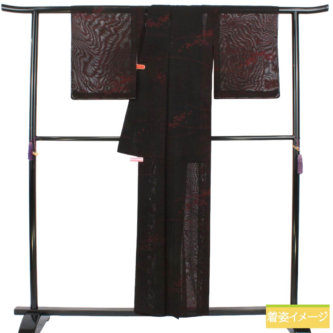 夏物 正絹 お召 Sランク 身丈155cm 裄丈64cm 臙脂墨色（えんじずみいろ） 草花模様 紗 黒系 1132004582312