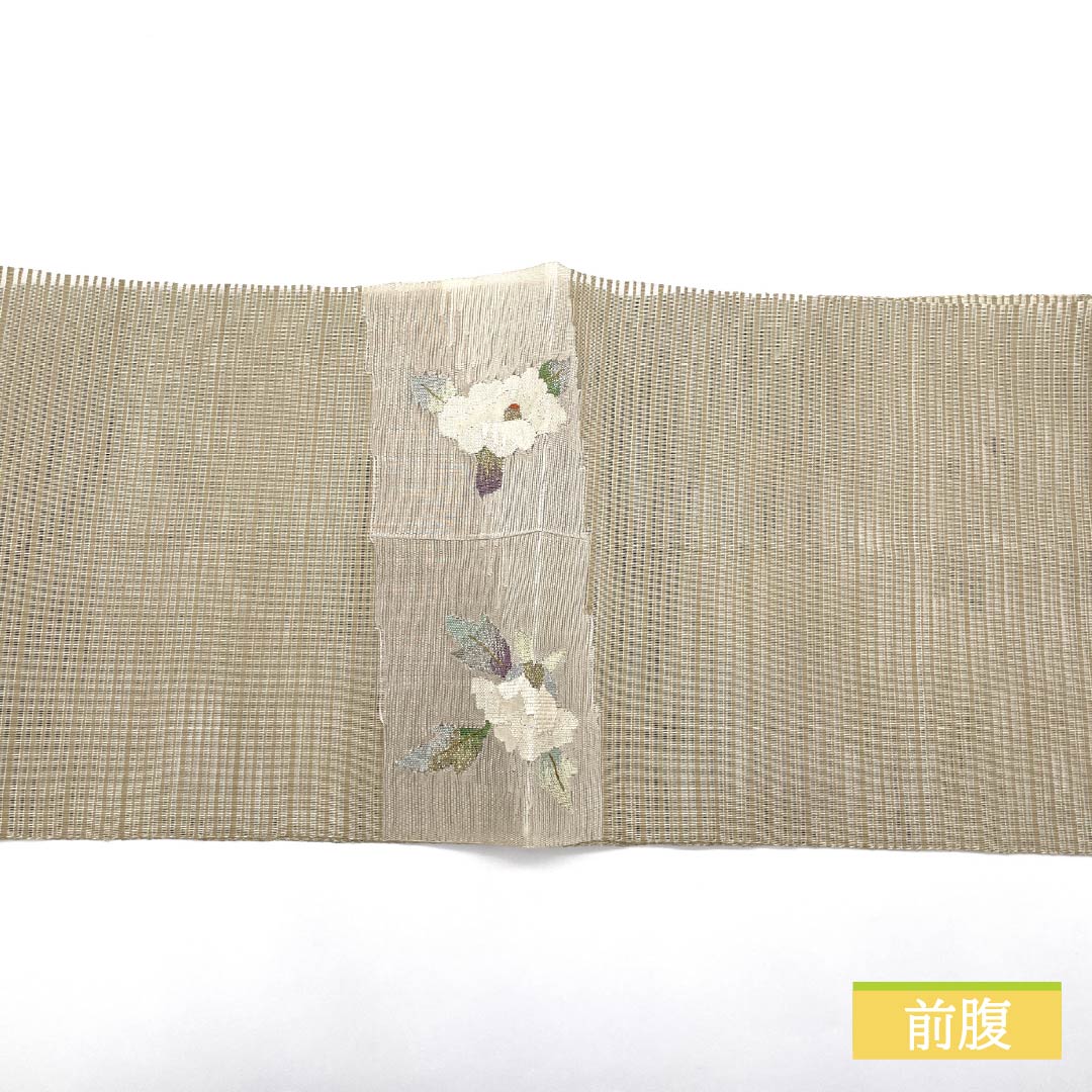 名古屋帯 正絹 亜麻色（あまいろ） 夏帯 すくい織 夏椿 帯丈362cm Sランク ポイント柄 セミフォーマル ベージュ系 1124008702325 松葉仕立て