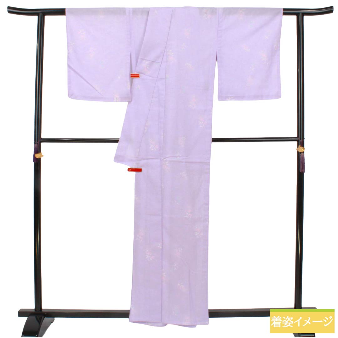 夏物 ポリエステル 小紋 Sランク 身丈159cm 裄丈64cm 薄藤色（うすふじいろ） 洗える着物 小花 絽 紫系 1132006042320