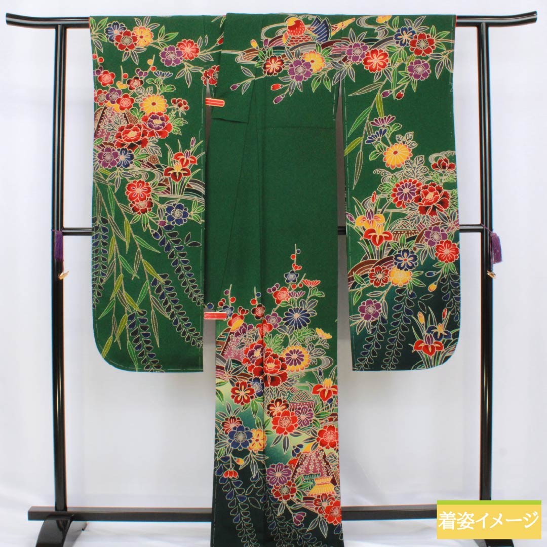 振袖 正絹 Sランク 身丈168.5cm 裄丈68cm 袷 天鵞絨色（びろうどいろ） 京紅型 吉祥文様 桜 おしどり 藤 緑系 1113002292519
