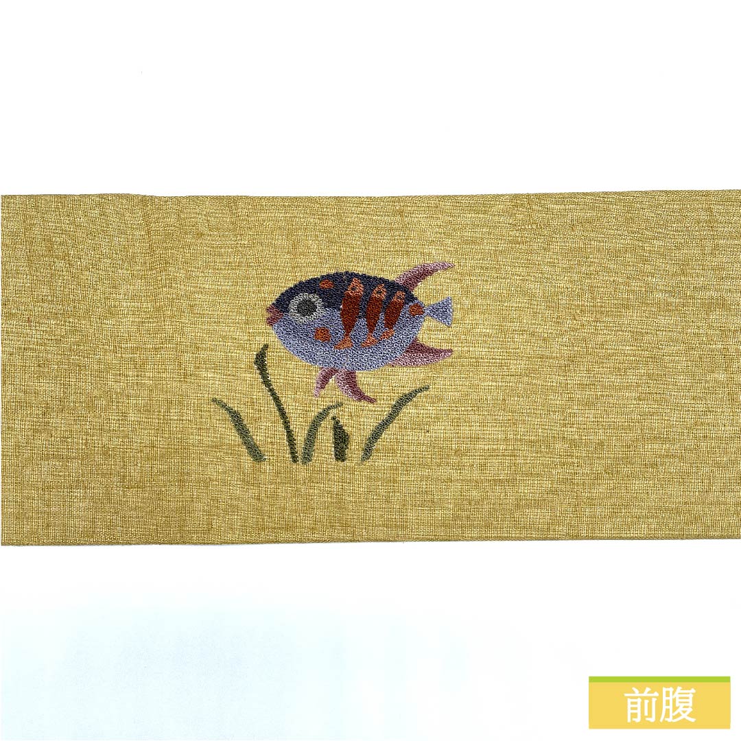 名古屋帯 正絹 麦藁色（むぎわらいろ） 相良刺繍 魚 刺繡 帯丈374cm Aランク ポイント柄 カジュアル ベージュ系 1124006343325 名古屋仕立て