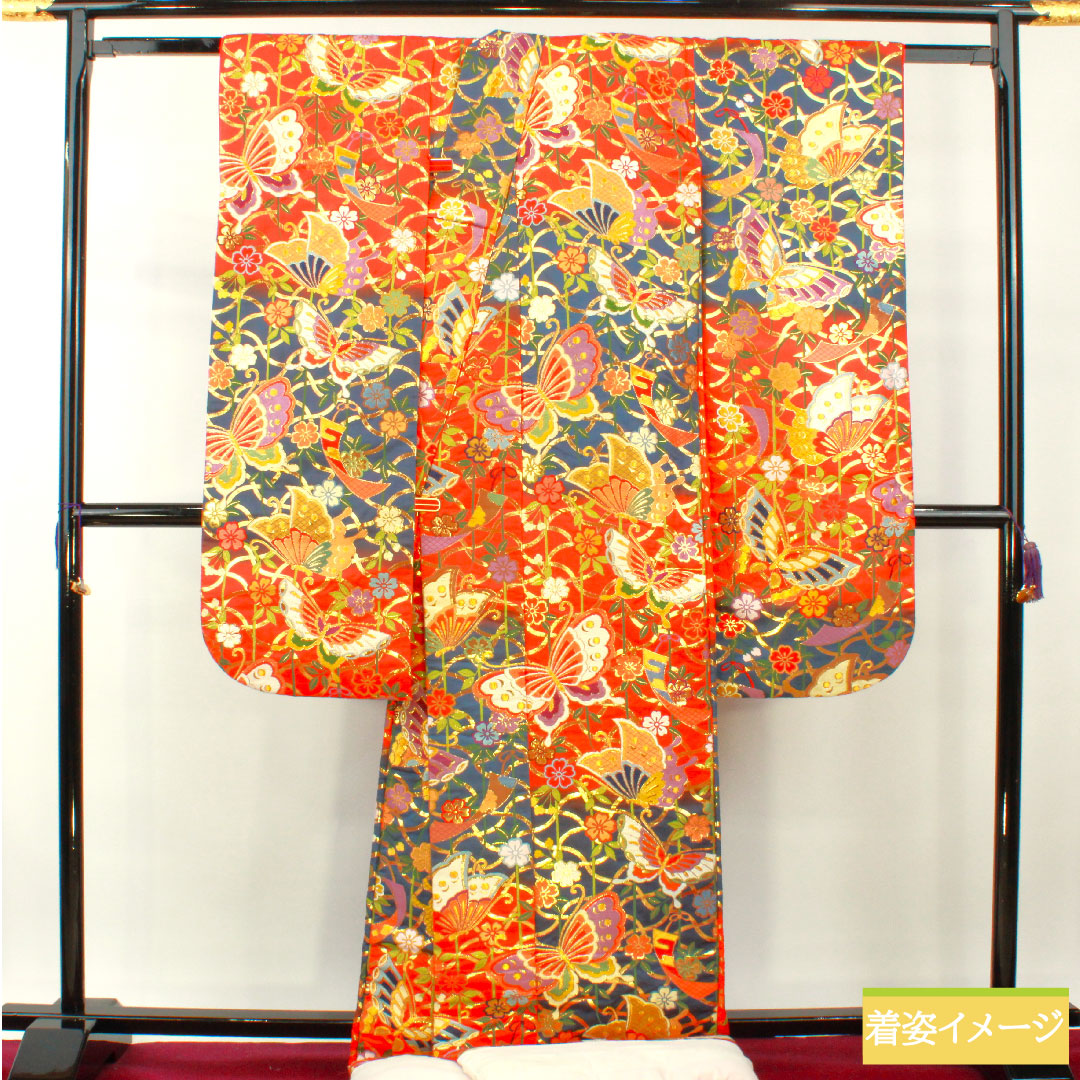 色打掛 正絹 身丈192cm 裄丈66cm 緋色（ひいろ） 唐織 蝶 草花模様 Sランク 袷 朱系 1110000872916