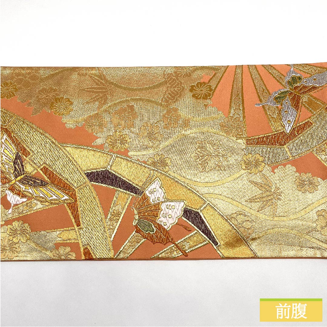 袋帯 正絹 鴇糸（ときいろ） 車輪 蝶 松竹梅 立湧 帯丈430cm Sランク 六通 フォーマル ピンク系 1123011762313