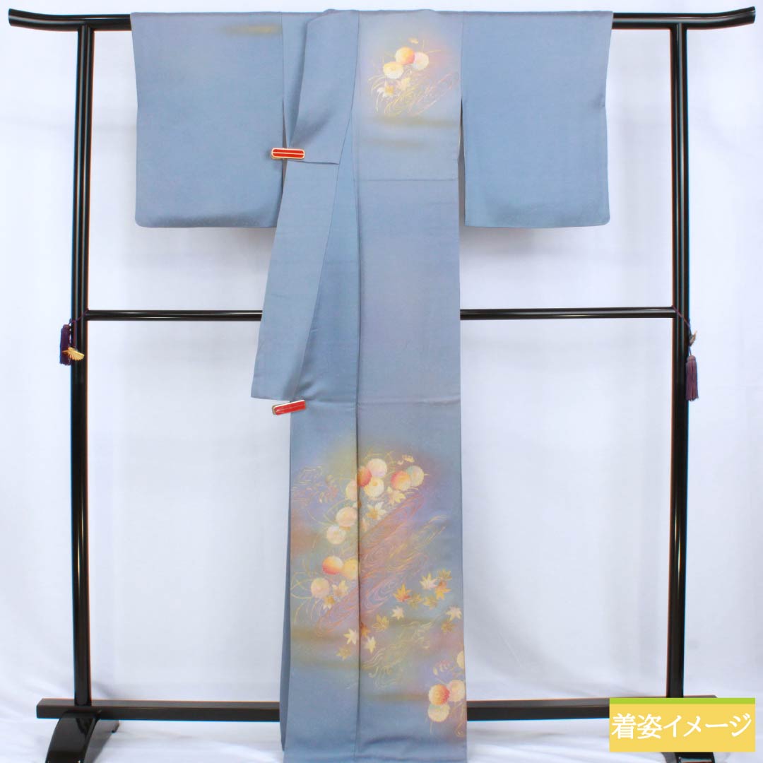 Homongi Silk B-Rank Awase (lined kimono) Length 164.5cm, Sleeve-to-sleeve 64cm Forget-me-not color. Tsukesage by Kosei Wada, Gold-embossed Yuzen, Flowing Water and Plants, Blue system. 1112007784417
