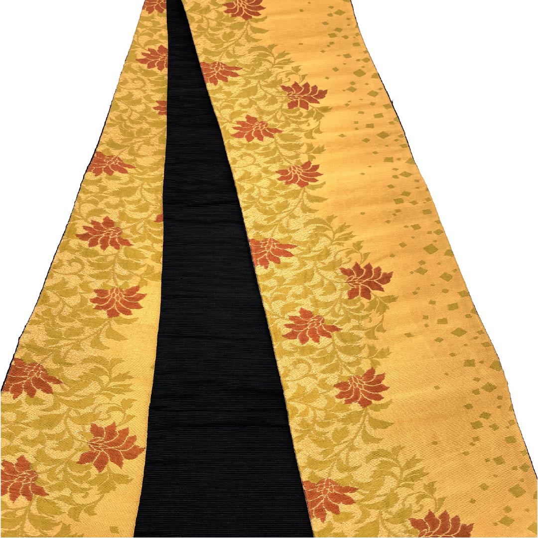 （未仕立）半幅帯 ポリエステル 雄黄色（ゆうおういろ） 唐草 帯丈436cm 橙系 Sランク 1125001812426