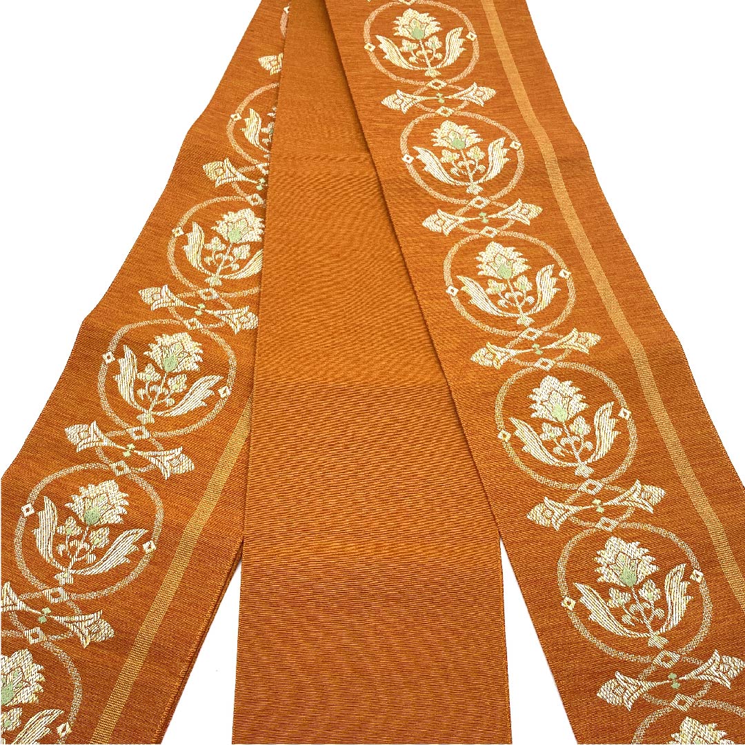 （未仕立）半幅帯 木綿 柿色（かきいろ） 更紗模様 抽象模様 植物模様 兵藤織物 帯丈352cm 橙系 Sランク 1125001232326