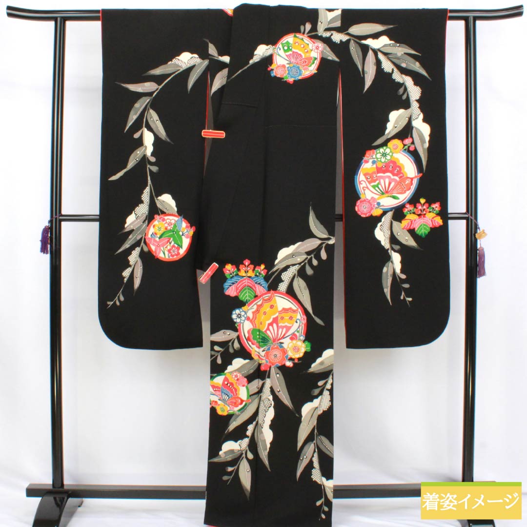 高級　京紅型　有名作家　黒　振袖フルセット　伝統工芸　丈164 裄67 リサイクル着物】振袖 正絹 Sランク 身丈163.5cm 裄丈66cm 袷 黒色 京