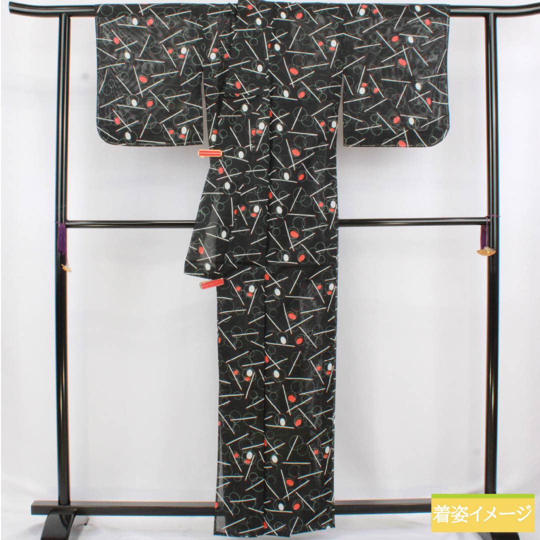夏物 ポリエステル 小紋 身丈162cm 裄丈64cm シャボン玉 洗える着物 絽 Sランク 黒系 1132002592410