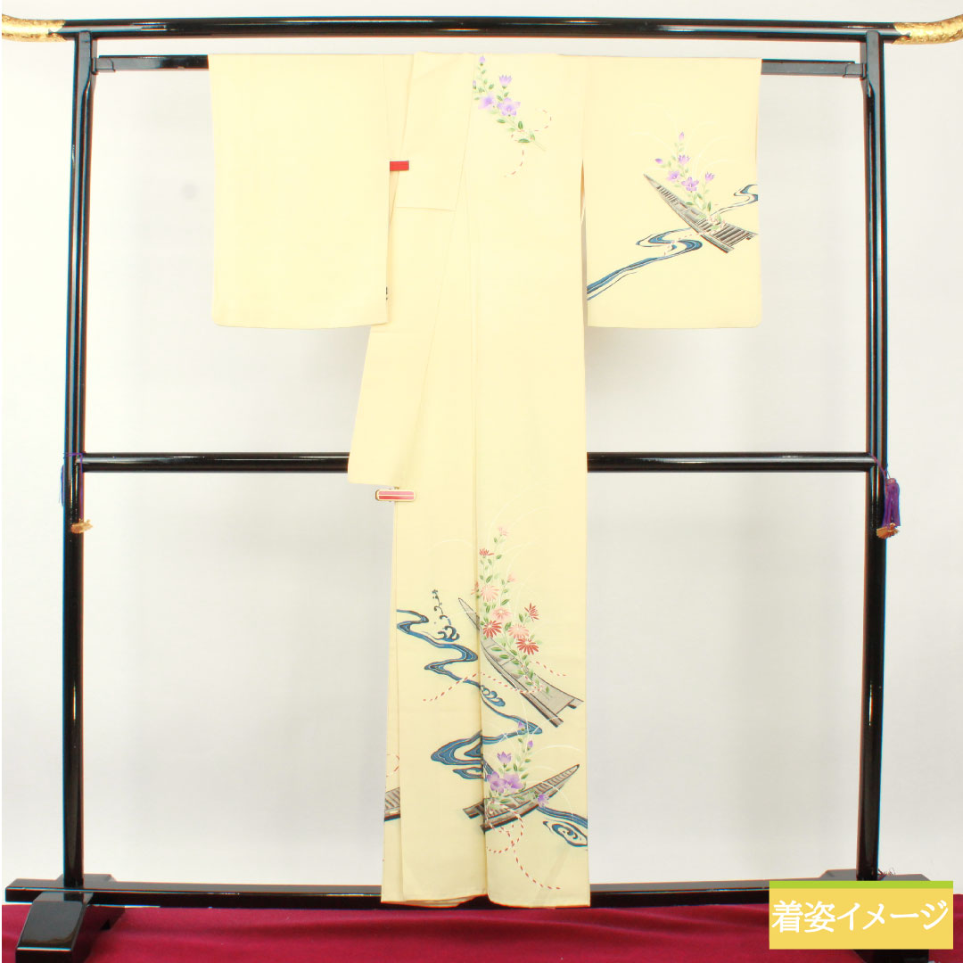 Homongi, pure silk, lined, length 156cm, sleeve length 61.5cm, light egg color, Kyo-Yuzen, A rank, cream color, 1112004563315
