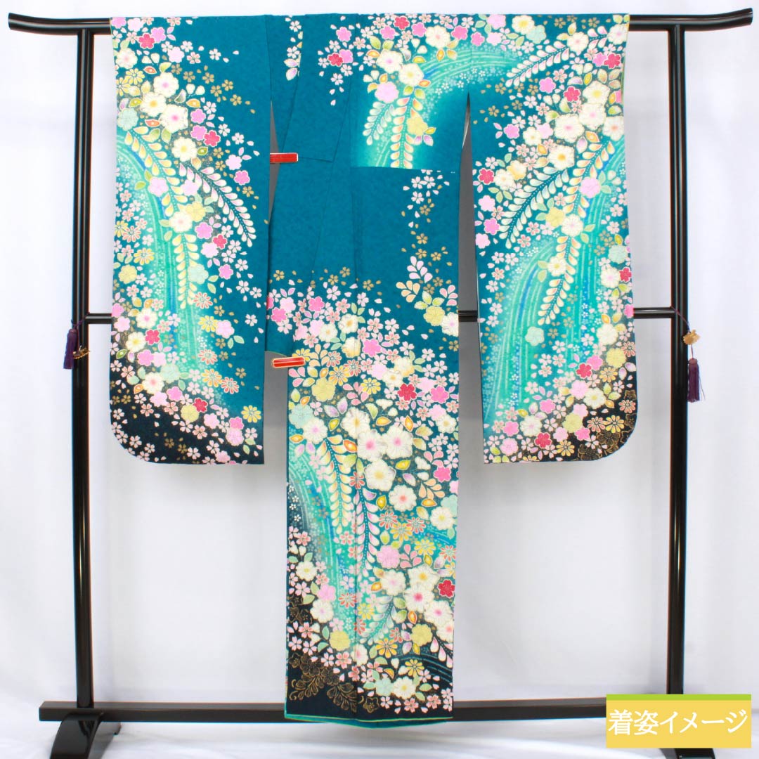 リサイクル着物】振袖 正絹 Sランク 身丈154cm 裄丈68cm 袷 孔雀青色