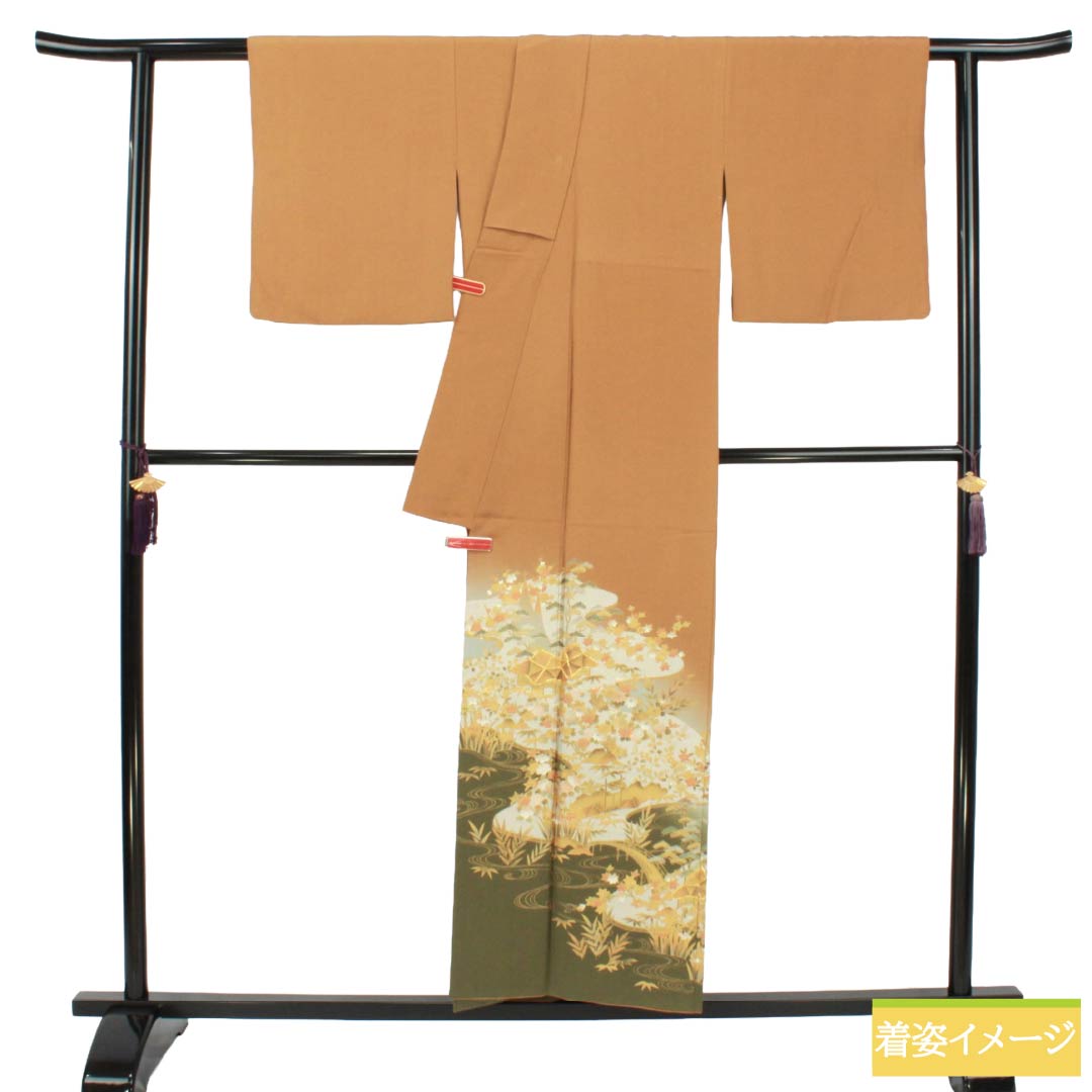 色留袖 正絹 Aランク 身丈153.5cm 裄丈63cm 袷 猟虎色（らっこいろ） 京友禅 茶屋辻 一つ紋 丸に違い柏 一つ紋 茶系 1111002273214