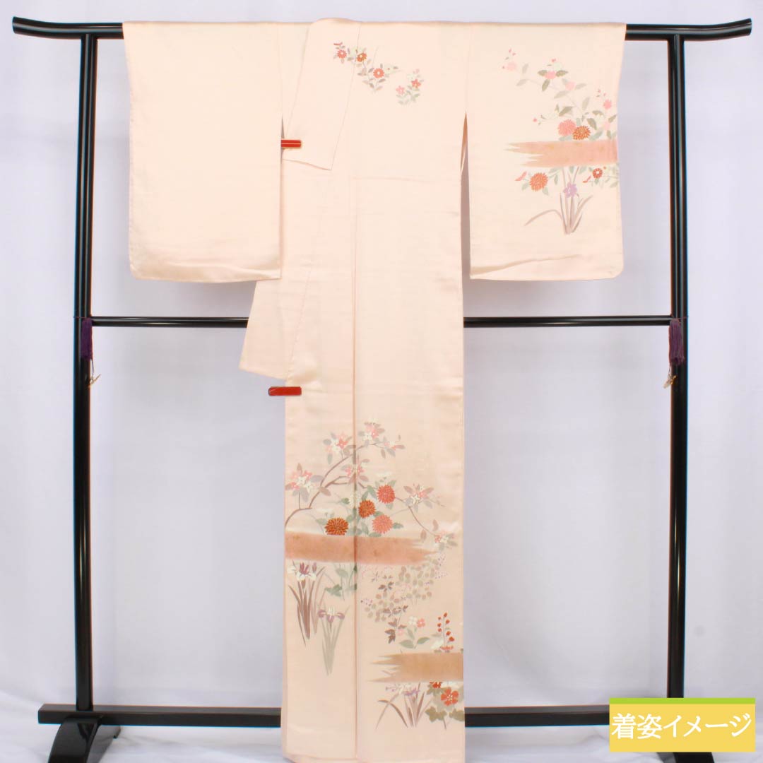 訪問着 正絹 Sランク 袷 身丈163.5cm 裄丈67cm 薄肉色（うすにくいろ） 京友禅 草木模様 しつけ糸付き 橙系 1112006672426