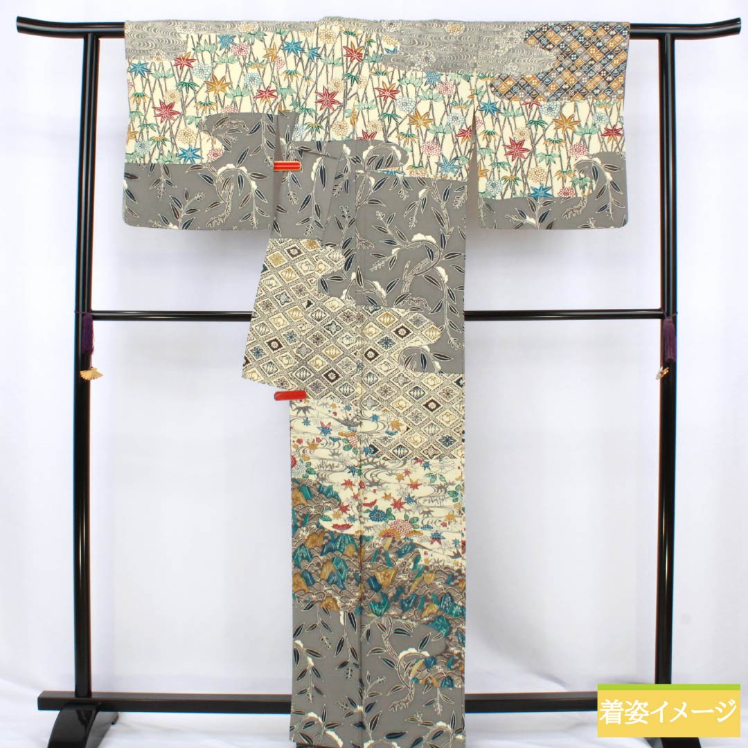 Visiting Kimono, Pure Silk, S Rank, Lined, Length 165.5cm, Sleeve Length 67.5cm, Kyoto Bingata Style, Bingata Style, Auspicious Motifs, Gray, Product Number: 1112006742522