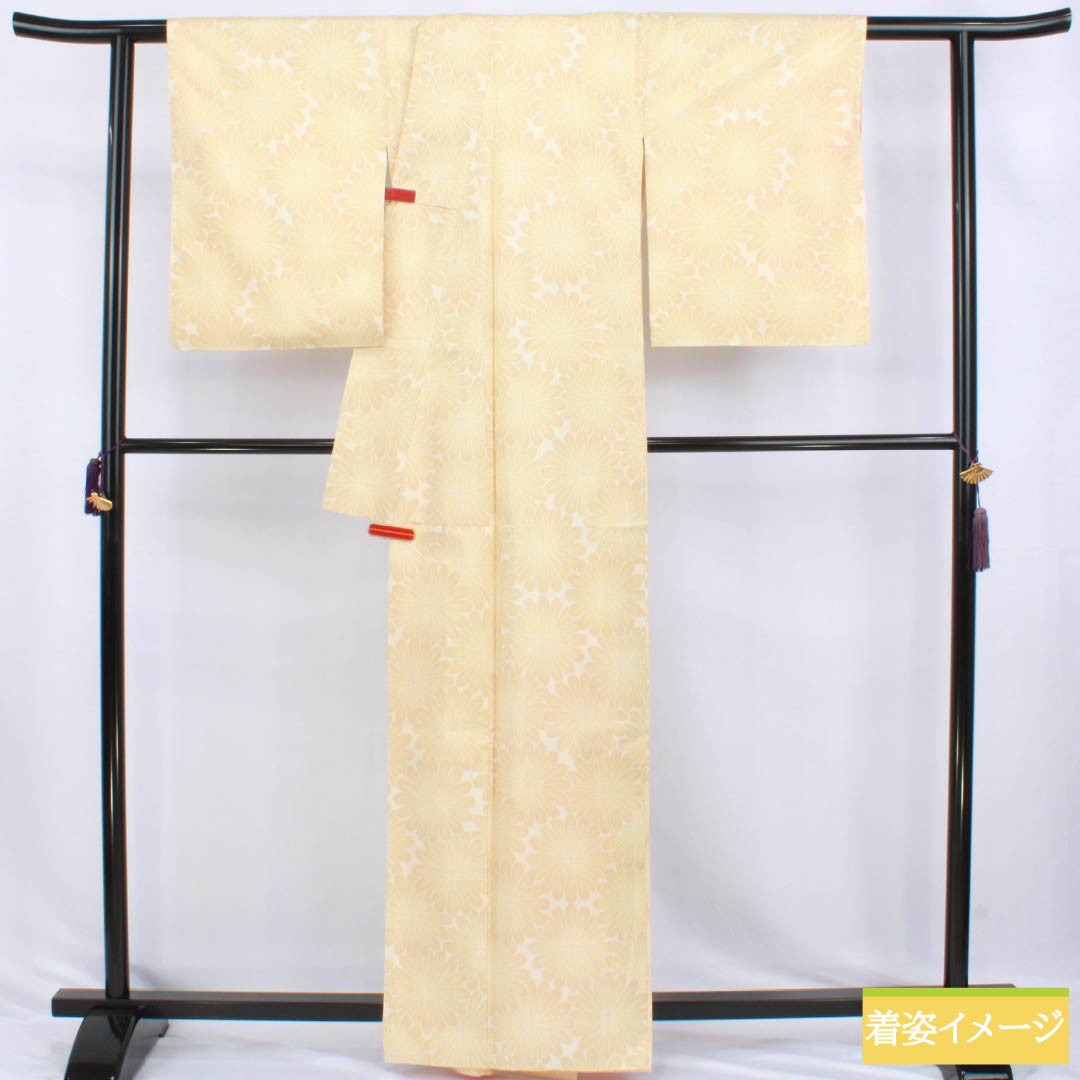しつけ糸付き 小紋 童子柄 紬 リサイクル着物】紬 正絹 Aランク 身丈163cm 裄丈66.5cm 白大島 花柄