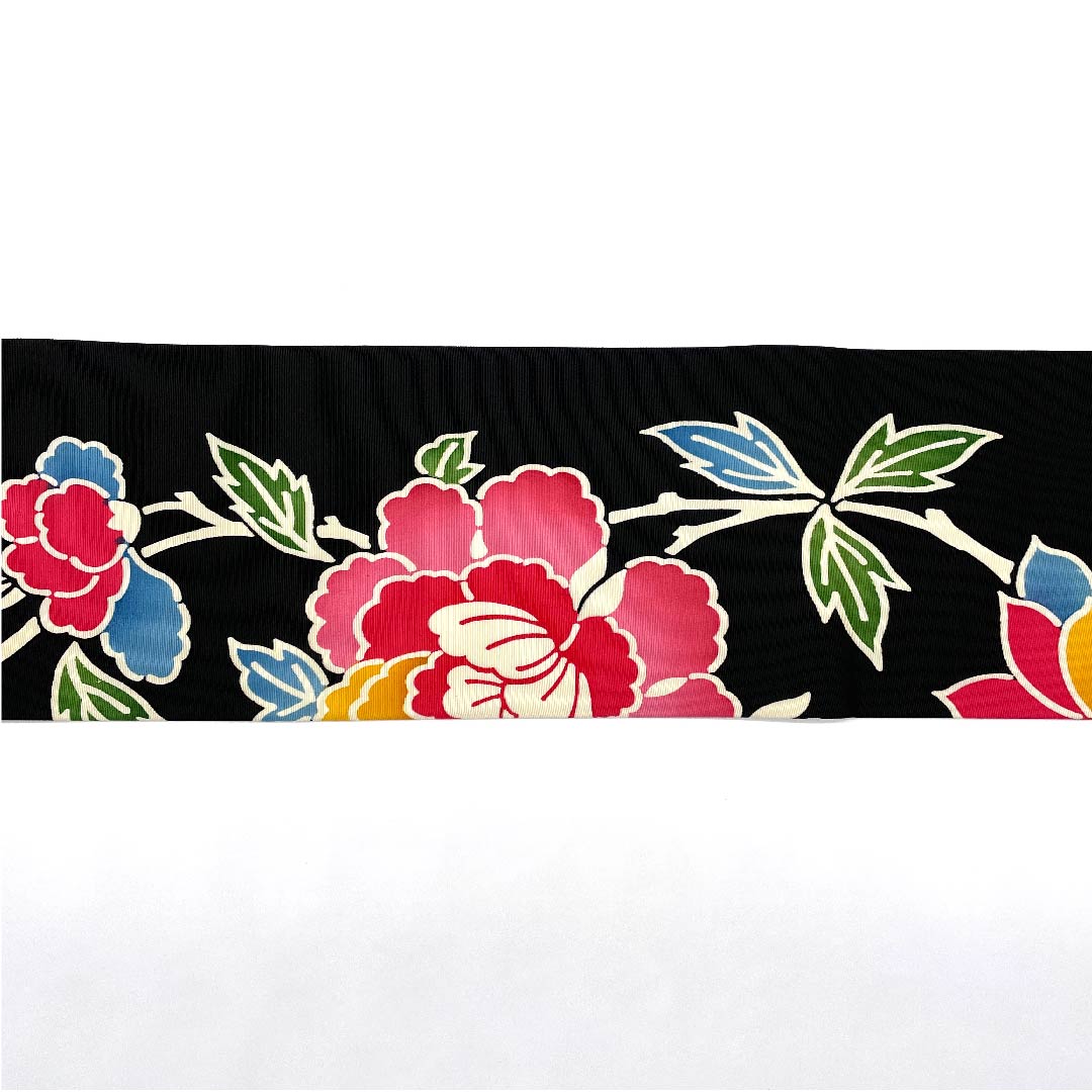 名古屋帯 黒色 型染 草花模様 帯丈370cm 正絹 優品  全通 カジュアル 黒系 1124004323310  名古屋仕立て