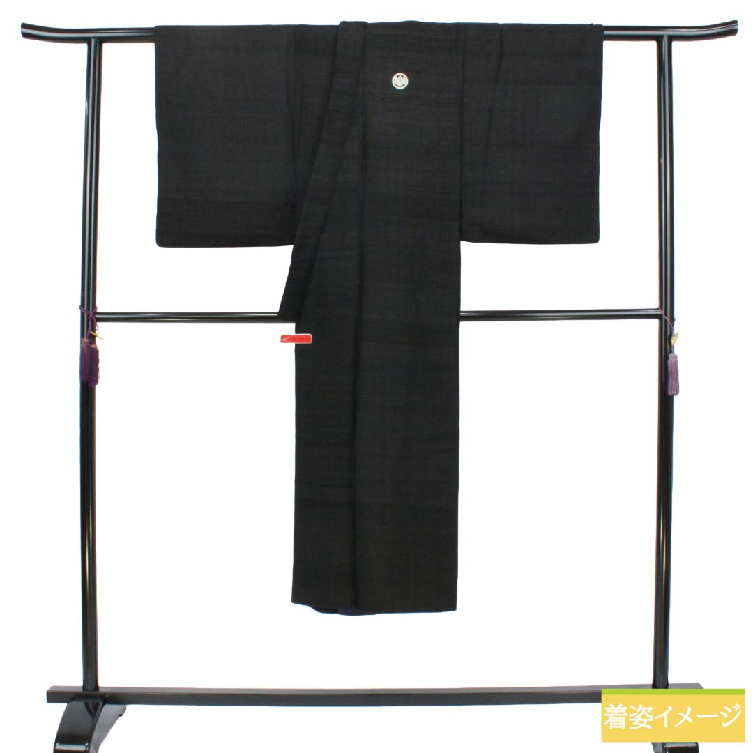 男物 正絹 Sランク 身丈134.5cm 裄丈64cm  紋付 五つ紋 五三桐 貼り紋 袷 黒系 1119002212310