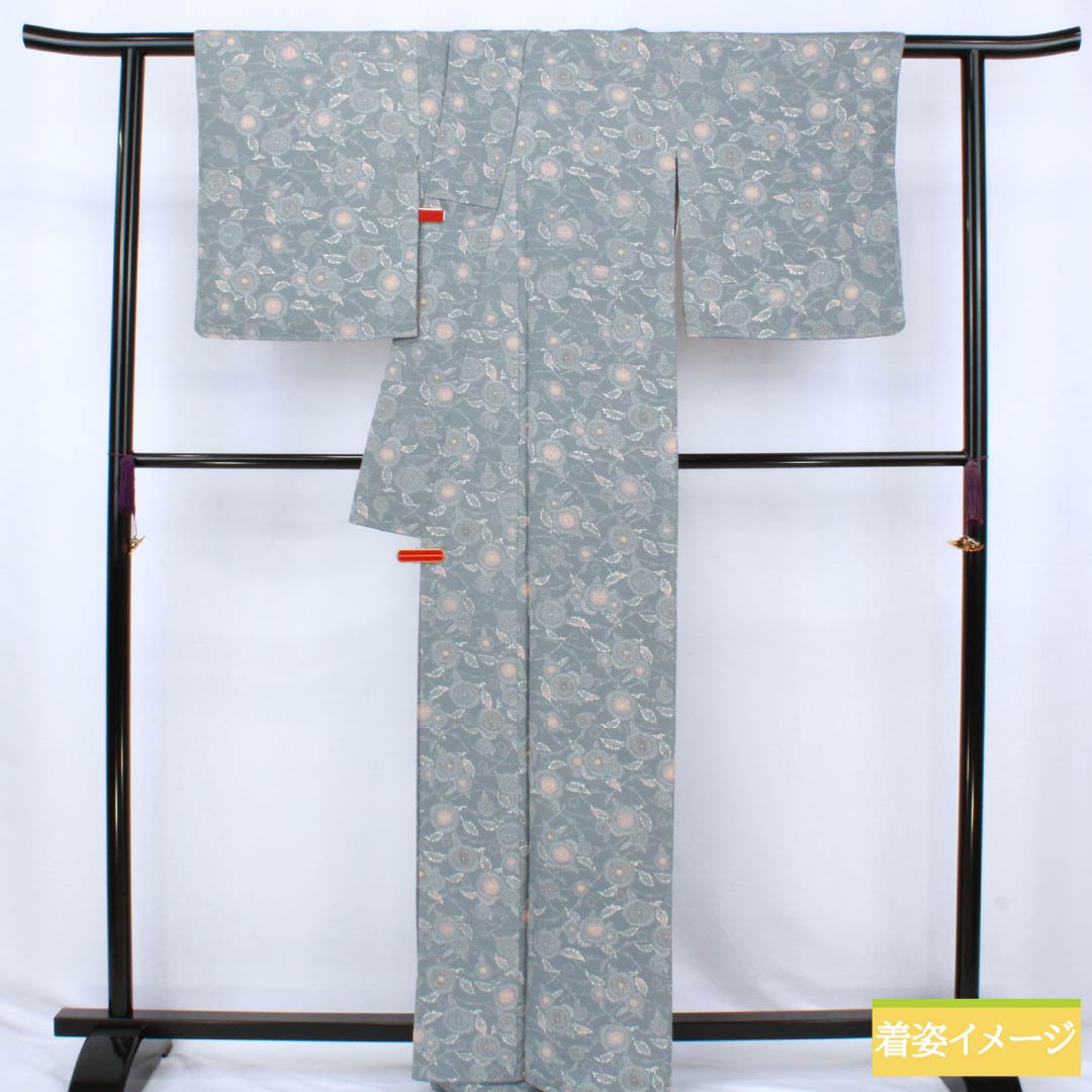 Komon (small pattern) silk, S rank, length 165cm, sleeve length 66cm, lined, Minato gray (minato gray) color, stencil-dyed crepe fabric with a plant and tree pattern in blue tones, product number 1115007382517